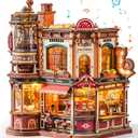 ROBOTIME Moving Coffee Factory 3D Wooden Puzzle for Adults Mechanical Building Kit with Music Box & Warm LED Lights, 593PCS No-Glue Book Nook Kit, Miniature House Kit Desk Decor, Unique Gift