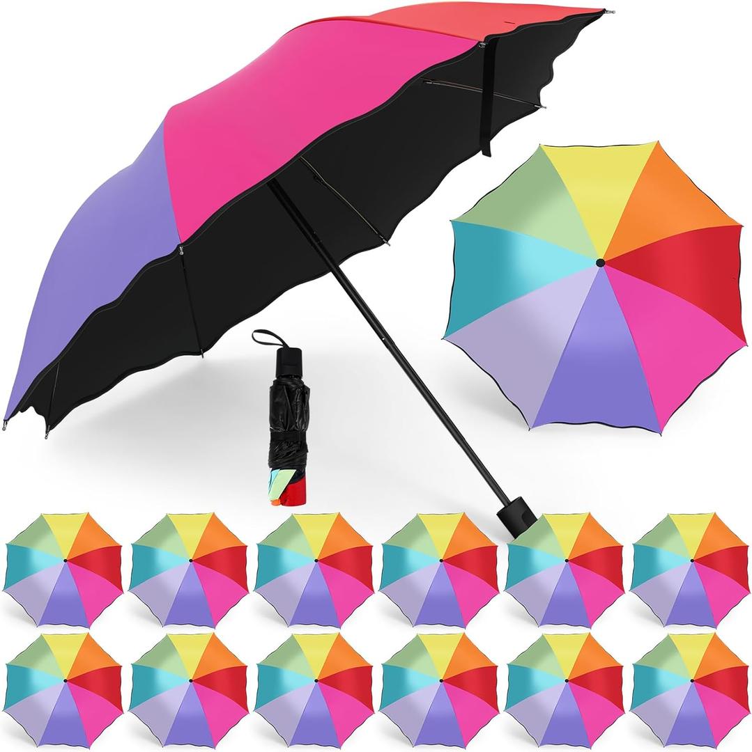 Cunno 12 Pieces Rainbow Umbrella Portable Tri Folded 8 Ribs Travel Umbrella Windproof Compact Collapsible for Women Men Kids Rain Travel