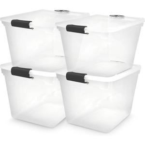 HOMZ 4-Pack 31 Quart Latching Lid, Clear Plastic Storage Organizer Bins, Gray  Stackable Containers for Home & Office Shelves, Kitchen, Garage, and Bathroom Organization