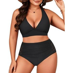 Yonique Women's Two Piece Plus Size Halter Bikini Swimsuits Tummy Control Bathing Suits High Waisted Swimwear, Black, 12W