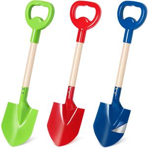 Dsmile 3 Pcs Beach Shovel Toy for Kids Digging 16" Long Metal Sand Shovel Sandbox,Sturdy Wooden Handle Metal Spade for Boy Girl, Travel Beach Toy Summer Fun Birthday