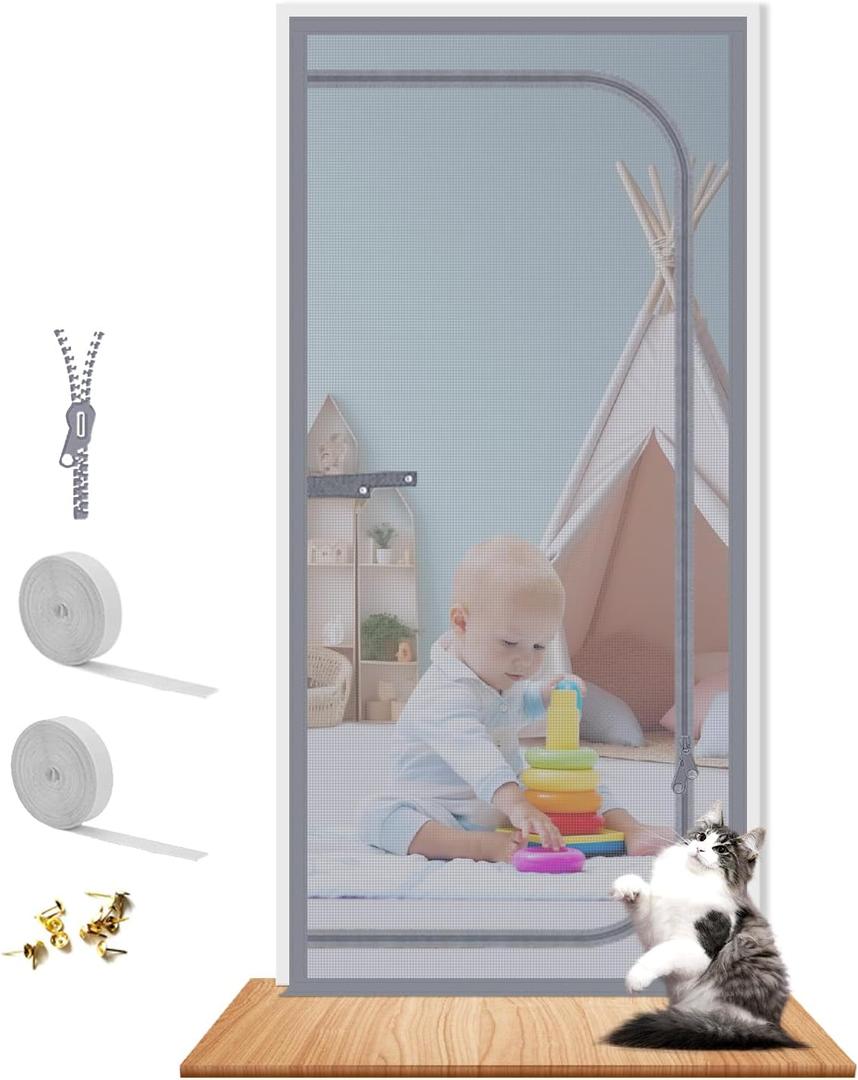 Reinforced Cat Screen Door Fits Door Size 30''x 80'', Heavy Duty Pets Proof Screen Door with Zipper, Prevent Dogs Cats Running Out from Home (Gray)