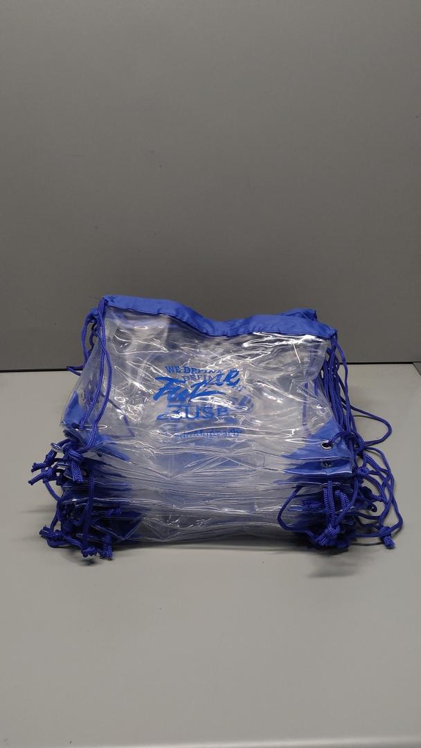 12 clear drawstring bags, blue logo, blue strap