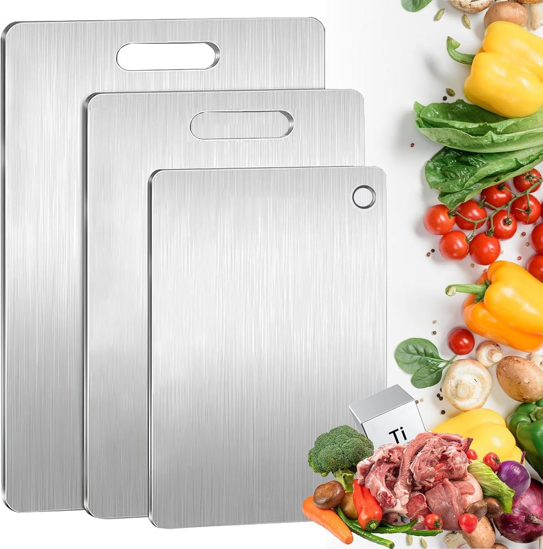 Titanium Cutting Boards for Kitchen, 100% Pure Titanium Cutting Board Set of 3, Double Sided, Food-Grade, Dishwasher Safe, Chopping Board for Meat Fruits & Vegetables