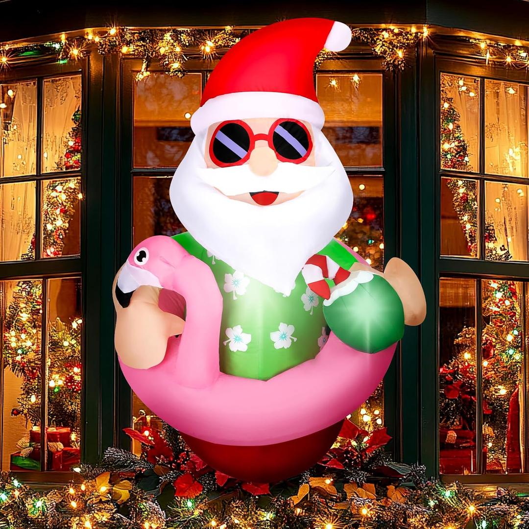 Kitticcino 4FT Christmas Window Inflatable Blow Up Hawaiian Santa Flamingo Swimming Ring Built-in LED Lights Inflatable Beach Santa Broke Out from Window Indoor Outdoor Yard Lawn Garden Party Decor