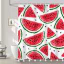 AOFOTO Watermelon Pattern Printed Shower Curtain with White Tassel Cartoon Red Watermelon Summer Theme Shower Curtains for Bathroom Waterproof Fabric Bath Curtain Kid's Bedroom Decoration 70x84 Inches