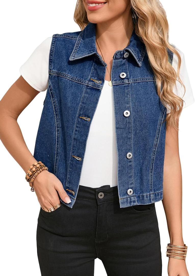 Sidefeel Women's Denim Vest Sleeveless Collared Zimbaplatinum Crop Jean Vest Top Button Down Waistcoat (Medium, Dark Blue)