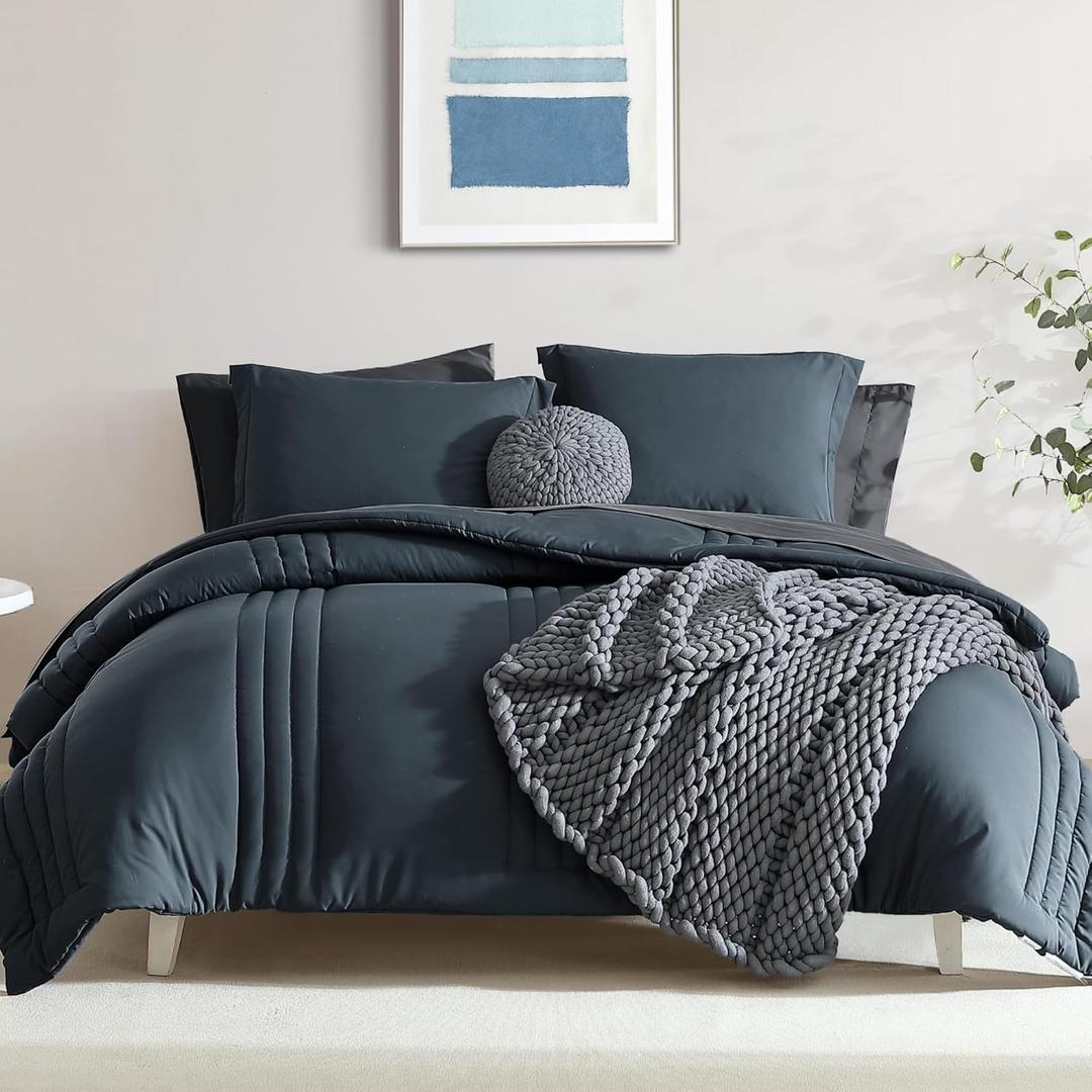 Monbix Queen Comforter Set - 7 Pieces Blue Gray Bed in a Bag Queen Bedding Sets with Comforters, All Seasons Comforter Bed Set with Sheets,Pillowcases & Shams (Queen(90"X90"))