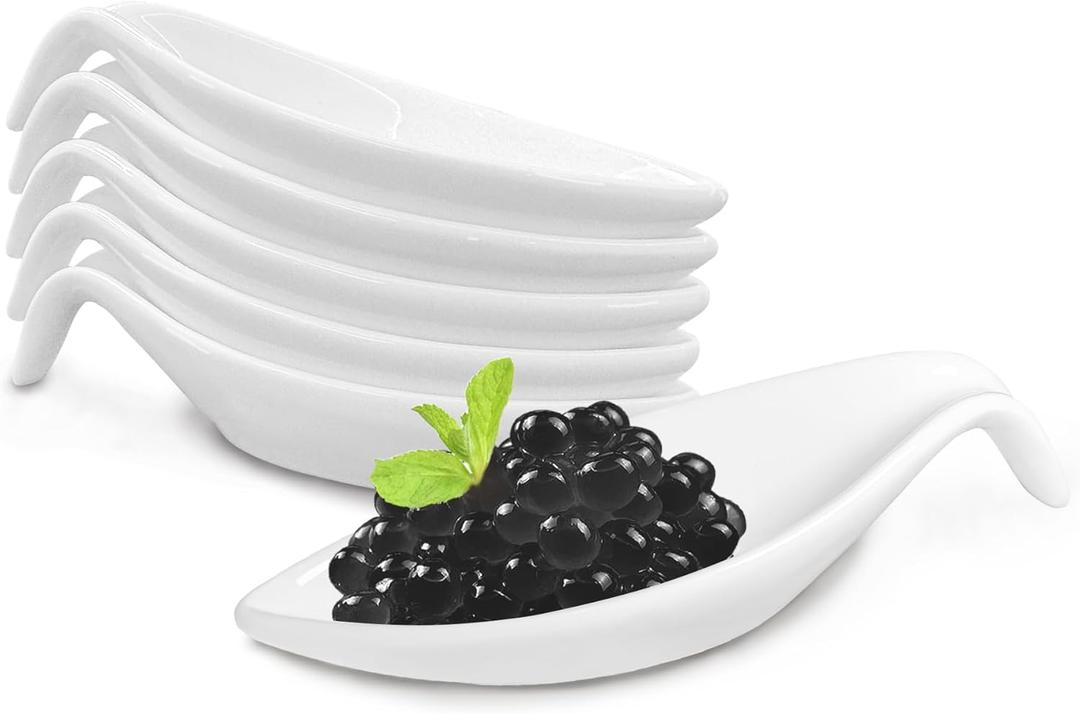 6Pack Porcelain Tasting Spoons,Caviar Bowl,5inch V Shaped Spout Dipping Bowls,Multifunctional Sample Spoons with Handle,for Weddings Party Restaurant Caviar Appetizer Ketchup Sauce