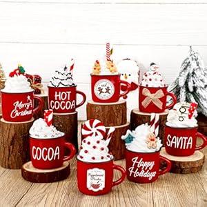 Vesici 8 Set Christmas Tiered Tray Decor Hot Cocoa Gifts Mini Coffee Mugs with Faux Whipped Cream Separable Hot Chocolate Coffee Bar Decor Ceramic Christmas Espresso Cups Farmhouse Table Centerpieces