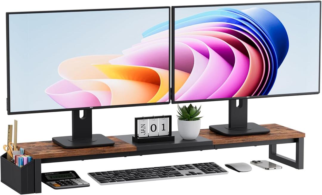 Dual Monitor Stand Riser, 41.5'' Extra Long Wood Monitor Stand Desktop Organizer with Side Pocket, Ergonomic Monitor Riser Supports 2 Monitors, TV, Laptop, Printer for Home Office, Rustic Brown