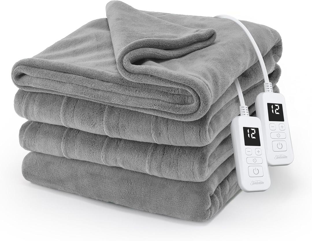 Sunbeam Electric Royal Luxe Microplush Heated Blanket, 12 Heat Settings, 12-Hour Auto Shut-Off, Fast Heating, Warm & Cozy, Machine Washable, Dove Gray Color, King (90" x 100")
