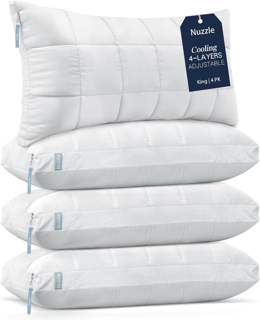 Nuzzle Neck Pillow Adjustable King Size Set of 4,Soft Luxury Hotel Feel | Bed Pillows King Size Set of 4 with Adjustable Height & Firm Feel for Side, Back and Stomach Sleepers–Gift for Women & Men