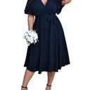 SCOMCHIC Womens Plus Size Wedding Guest Cocktail Midi Dress Summer Short Sleeve Wrap V Neck Belted A-Line Flowy Dress Navy Blue, 2XL