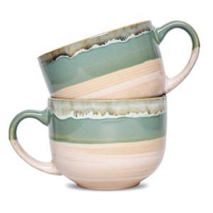 Bosmarlin Large Ceramic Coffee Mug Set of 2, Stoneware Jumbo Latte Mugs for Office and Home, 16 Oz, Dishwasher and Microwave Safe(Green, 2)