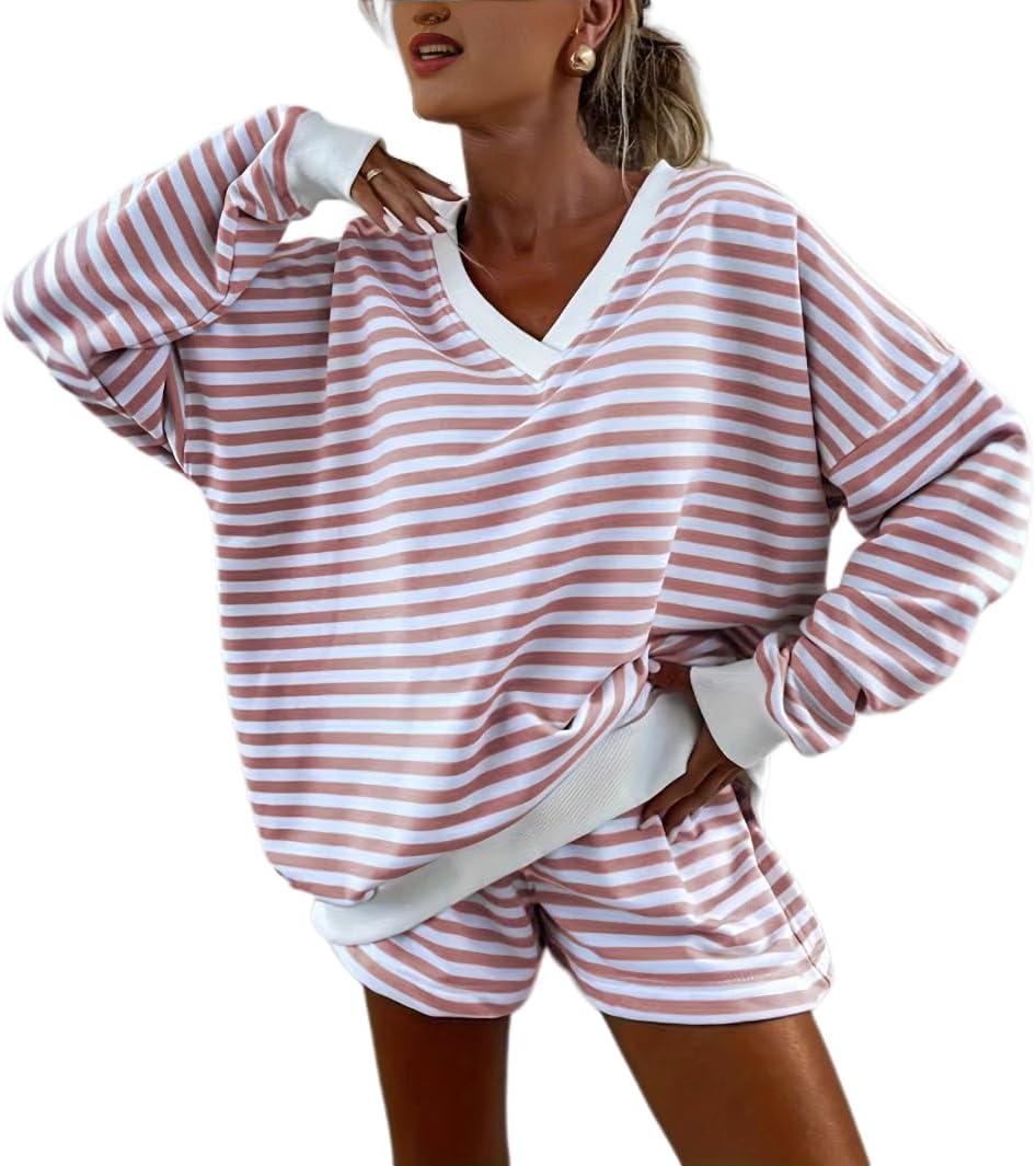 Melliflo Women 2 Piece Outfits Lounge Sets Striped Print Long Sleeve V Neck Sweatshirt and Shorts Set Sweatsuit (XL)