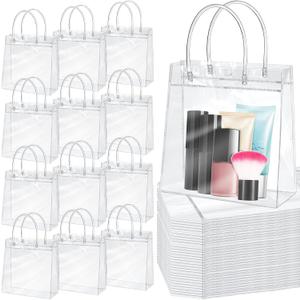 Reginary 85 Pcs Clear PVC Gift Bags with Handles Plastic Transparent Wrap Bags Bulk Reusable Bride Favor Totes for Shopping Wedding Baby Shower Birthday Party (6.89x6.89x3.54 Inch)