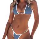 TASHEHE Women's Triangle Thong Bikini Set Sexy String Brazillian Two Piece Swimsuit Cute Bikini Bathing Suit (L) Blue Nova / White