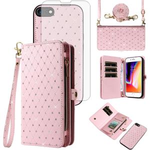 Phone Case for iPhone 7/8/SE 2020/2022 Zipper Wallet Cell Cover with Screen Protector Strap Glitter Flip Card Holder Slot iPhone7 i SE2020 SE2022 2/2nd/3/3rd Generation SE2 SE3 7SE 8SE Women Rose Gold