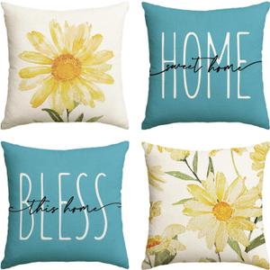 AVOIN colorlife Home Sweet Home Spring Summer Flowers Yellow Throw Pillow Covers, 18 x 18 Inch Blue Cushion Case for Sofa Couch Set of 4