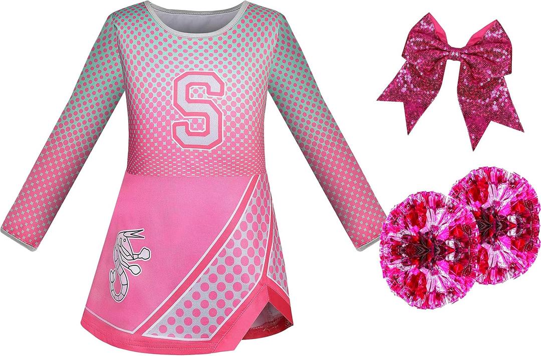 Zombies Girls Cheerleader Costumes Toddler Cheerleading Outfit Kids Movie Cosplay Dress up 3-12 Years (4-5 Years, Rose Dress With Accessories)