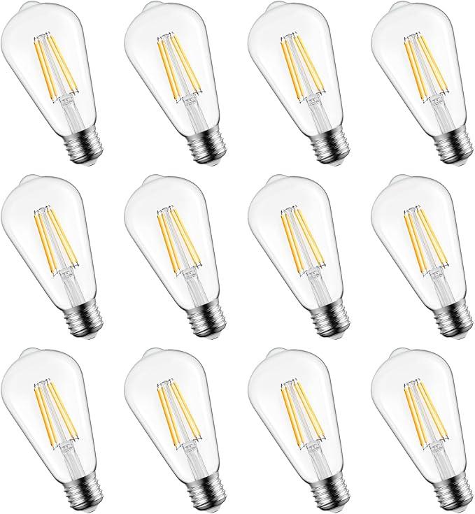12 Pack LED Edison Bulbs, 6W, Equivalent 60W, High Bright 2700K Warm White,750 Lumens, Non-Dimmable, E26 Medium Base ST58 Antique Filament Bulbs with 83+ CRI for Ceiling Fan Bathroom Porch