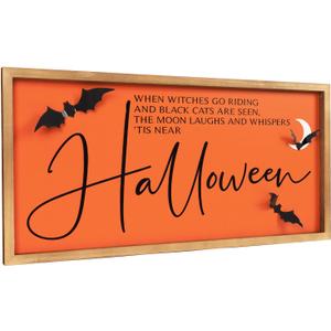 Halloween Wall Art Framed with 3D Bat, 23.611.8 Inch Wooden Orange Halloween Sign Decor, Indoor Bedroom Bathroom Living Room Rustic Farmhouse Decorations for Home