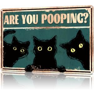 Funny Bathroom Decor Wall Art Cute Black Cat Metal Tin Sign Are You Pooping Restroom Decoration Vintage Signs Posters Gifts for Home Toilet 12X8 Inches