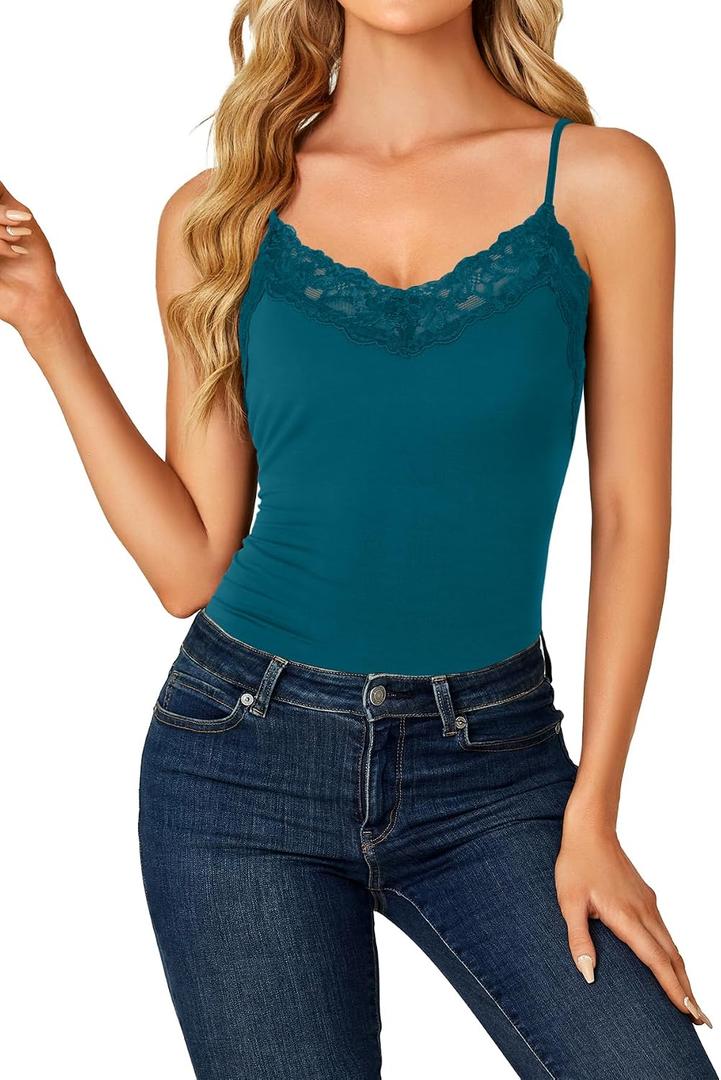 LYANER Women's Lace Trim V Neck Camisole Adjustable Strap Undershirt Tank Stretch Fitted Cami Top S