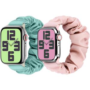 Scrunchie Band Compatible with Kids Apple Watch Band 38mm 40mm 41mm / 42mm 44mm 45mm 46mm 49mm,Cute Printed Elastic Solo Loop Bands for iWatch Series 10/9/8/7/6/5/4/3/SE/SE2/Ultra 2/Ultra (Pink+Green)