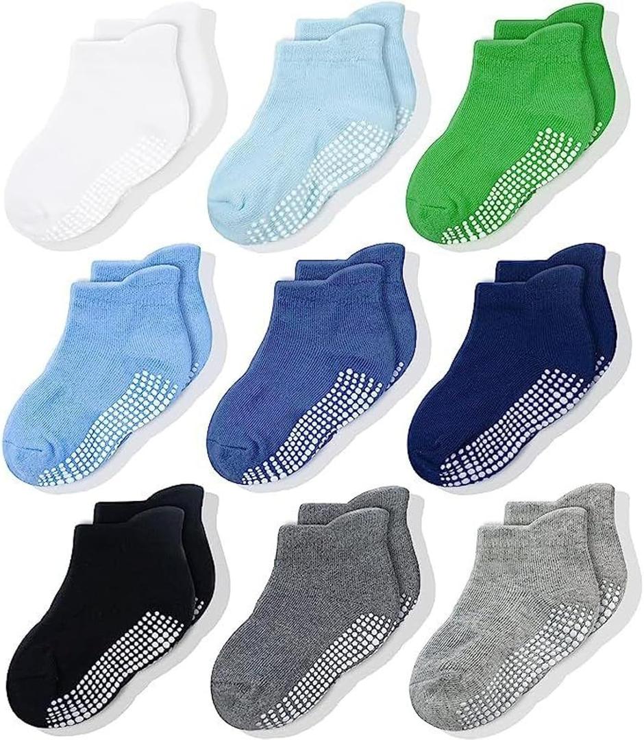 CozyWay Baby & Toddler Socks with Grippers Non Slip Ankle Grip Socks For Boys and Girls Babies - Comfy Soft Cotton - 9 Pack (1-3T, Blue)