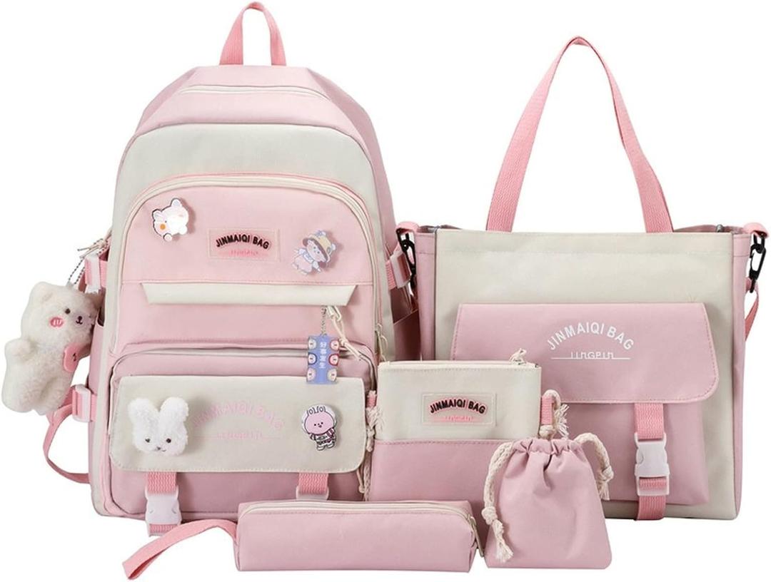 5Pcs Kawaii Cute Backpacks Combo Set with Bear Pendant & Pins - Back To School Supplies Patchwork Bunny Daypack Bag Kit (Pink)