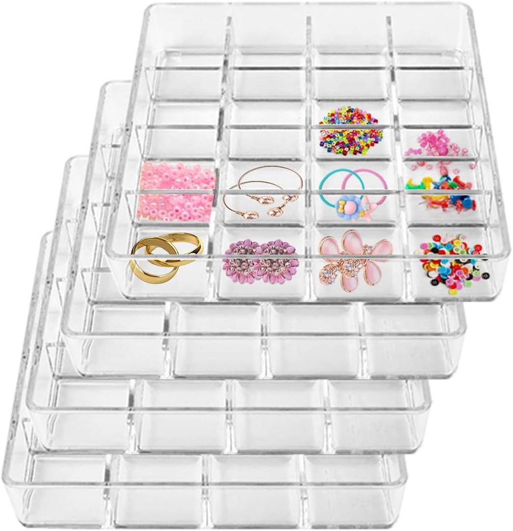 4 PCS Stackable 16 Grids Jewelry Organizer Tray, Clear Earring Display Stand Ring Storage Tray Plastic Drawer Organizer for Makeup, Accessories, Desk, Vanity