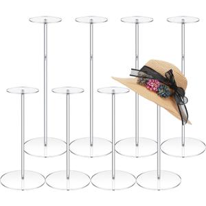 Geetery 8 Pcs Acrylic Hat Stand 12" to 17" Adjustable Clear Wig Display Rack Height Table Hat Holder Pedestal With Round Barbell Base Organizer Acrylic Risers