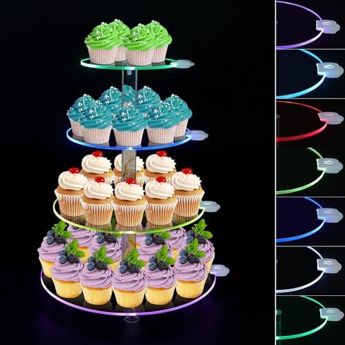 Round Cupcake Stand with Rechargeable LED Lights- 4 Tiered Acrylic Cupcake Tower Tree - Clear Cupcake Display Stand for 50 Cupcakes - Light Up Dessert Stand for Parties, Celebrations, and Events
