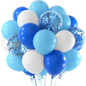 NEBURORA 60 Pcs Royal Blue Light Blue White Confetti Balloons with Ribbons 12inch Balloon Garland Arch Kit for Birthday Baby Shower Celebrations Party Decoration