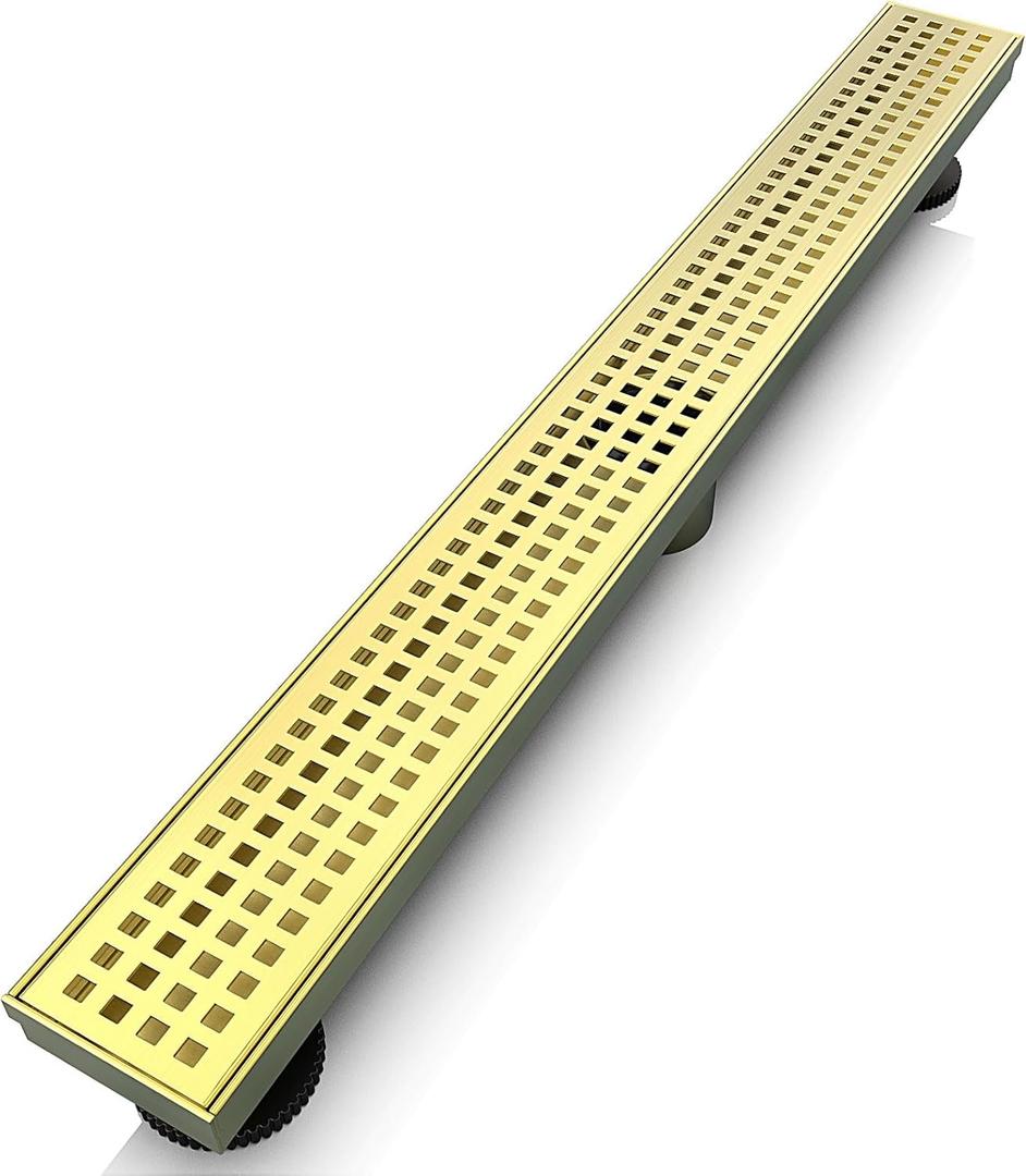 24 Inch Linear Shower Drain Rectangular Floor Drain with Accessories Square Hole Pattern Cover Grate Removable SUS304 Stainless Steel CUPC Certified Brushed Gold