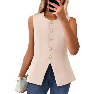 BTFBM Summer Sleeveless Blazer Vest For Women Dressy Button Down Round Neck Business Casual Outfits Work Suit Vests Tops (Large, Beige)
