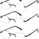 JJWELL 3 Pack Reading Glasses for Men Blue Light Blocking, Lightweight Rimless Metal Mens Eyeglasses Readers, Anti Eyestrain/Dryness/Computer Glare/UV 400, Spring Hinge Eyeglasses (3.50 x, Black Gunmetal Brown)
