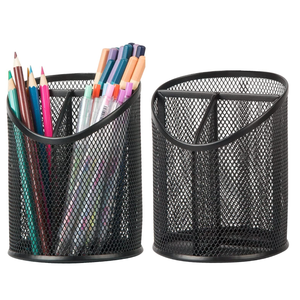 Delifox 2 Pack Pen Holder Mesh Round Pencil Holder Desktop Organizer 3 Compartments, Black