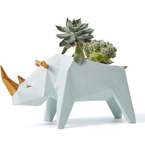 HAUCOZE Rhino Statue Planter Succulent Pot Modern Animal Sculpture Home Decor Gift for Living Room Office 7.1 Inch
