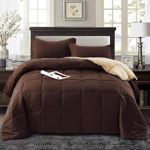 HIG 3pc Down Alternative Comforter Set - All Season Reversible Comforter with Two Shams - Quilted Duvet Insert with Corner Tabs - Box Stitched - Super Soft, Fluffy (Full/Queen, Chocolate)