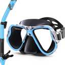 Greatever Dry Snorkel Set,Panoramic Wide View Anti-Fog Scuba Diving Mask,Professional Snorkeling Gear for Adults Kids (Small, Black Sky Blue)