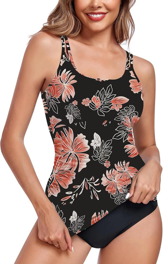 WOWENY Tankini Tops for Women Sleeveless No Bottom Bathing Suits Tummy Control Square Neck Modest Swimsuit Top Only (Small, Black Floral)