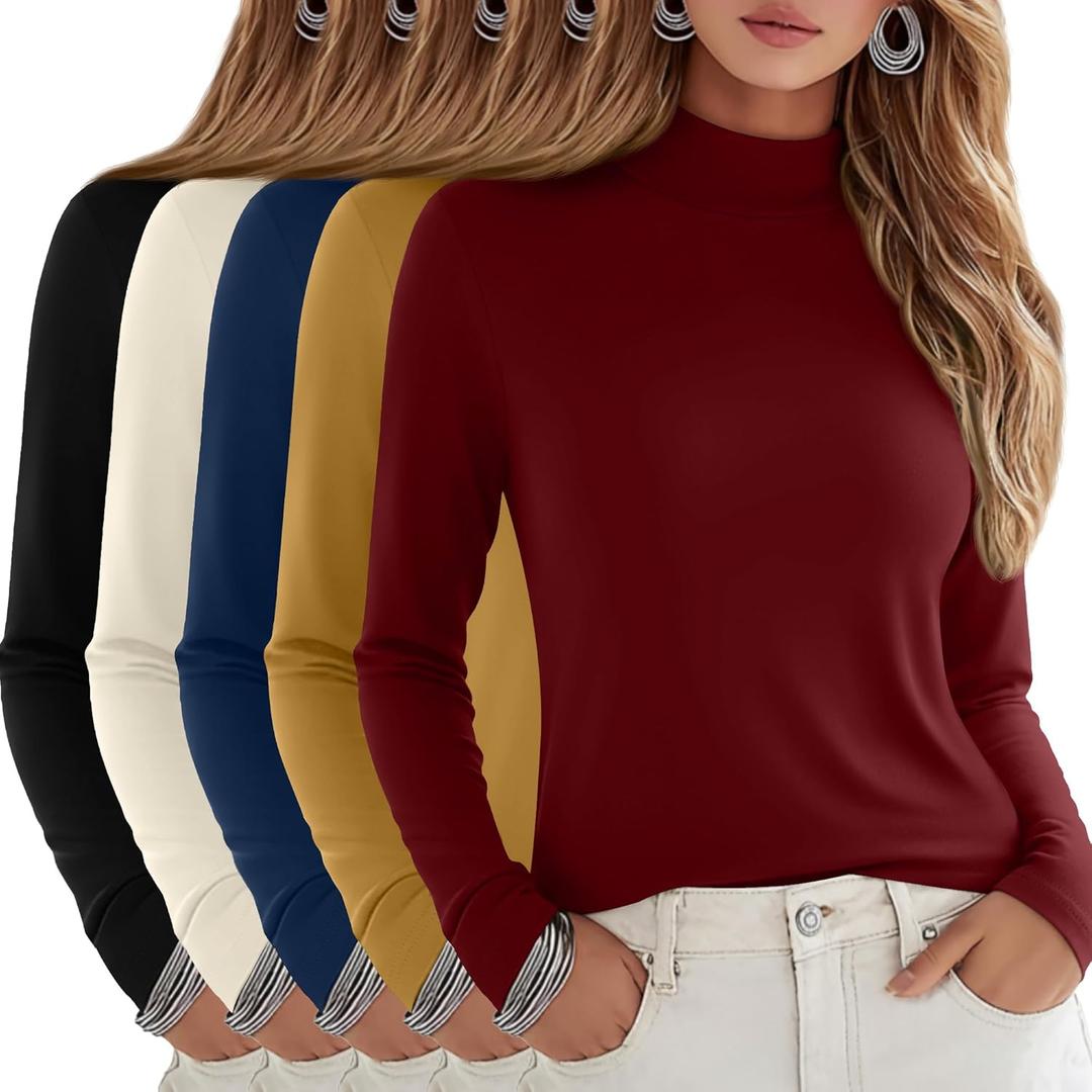 5 Pack Women's Cotton Mock Turtleneck Long Sleeve T-Shirts, Basic Tops Slim Fitted Stretch Underwear Layer Tee (XX-Large, Black, Cream, Haze Blue, Ginger Yellow, Wine Red)