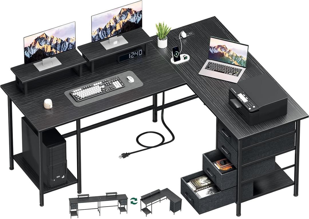 59 inch L Shaped Computer Desk with Power Outlets, Home Office Desk with 4 Adjustable Storage Drawers & 2 Monitor Stands, Two Person Gaming Table for Bedroom, Black
