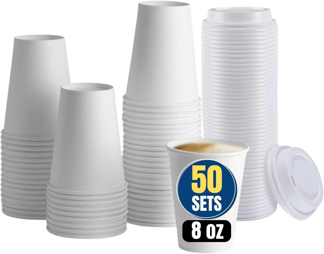 8 oz Coffee Cups With Lids Disposable Paper Coffee Hot Cups (50 Cup & 50 Lids) (100 Piece Set)