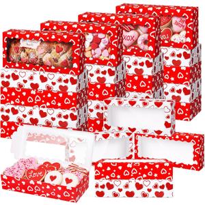 Tenceur 100 Pieces Valentine's Day Cookie Boxes with Window & Lid 12.5 x 5.5 x 2.5 Inch Red and White heart Bakery Boxes Valentine's Day Candy Treat Food Container for Xmas Gift Wrapping Party Favor