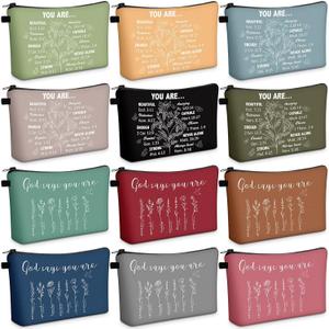 Chunful 12 Pcs Inspirational Christian Gifts Religious Makeup Bags Bulk for Women Bible Verse Flower Cosmetic Bag Mother's Day Gift for Church Ladies, 7.48 x 4.72 Inch(Delicate)