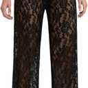 Women's Y2K Floral Lace See Through Pants Sheer Straight Leg Long Pants Club Wear (Black)